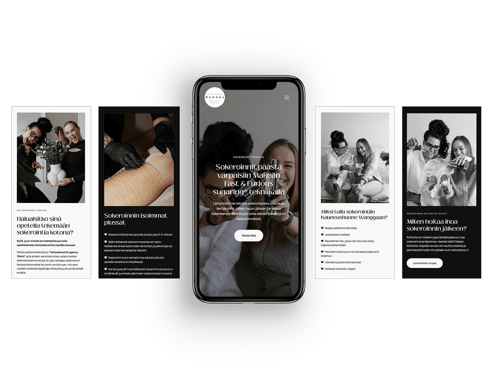 Kauneushuone-Wangga-Verkkosivu-uudistus Kauneushuone Wanggan uusien verkkosivujen Mockup kuvia puhelimen ruudulla